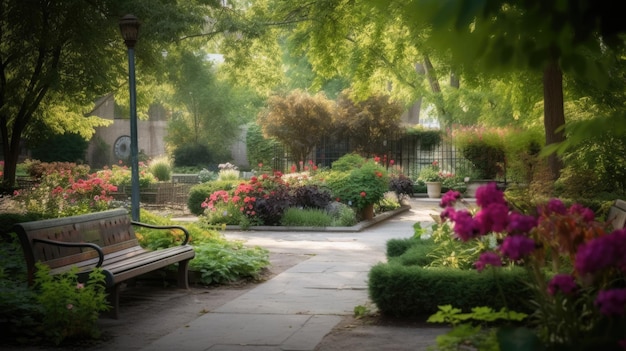 A garden with flowers trees and benches Generative AI