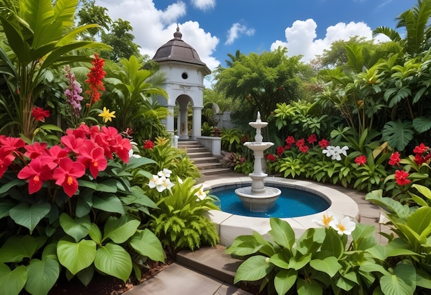 a garden with a fountain and flowers and a fountain in the foreground