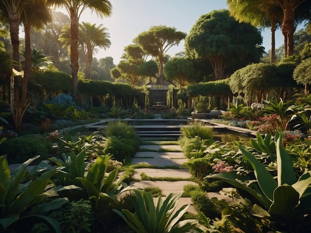 a garden with a fountain and a fountain in the background