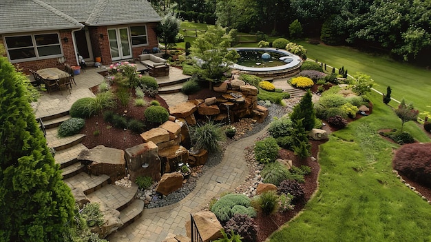 a garden with a fountain and a fountain in the foreground