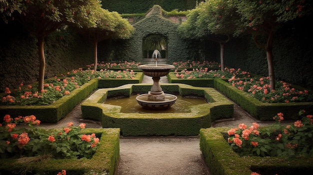 A garden with a fountain and a fountain in the middle