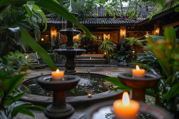 Photo a garden with a fountain and a fountain with a fountain in the background