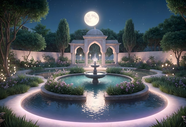 garden with a fountain and a full moon