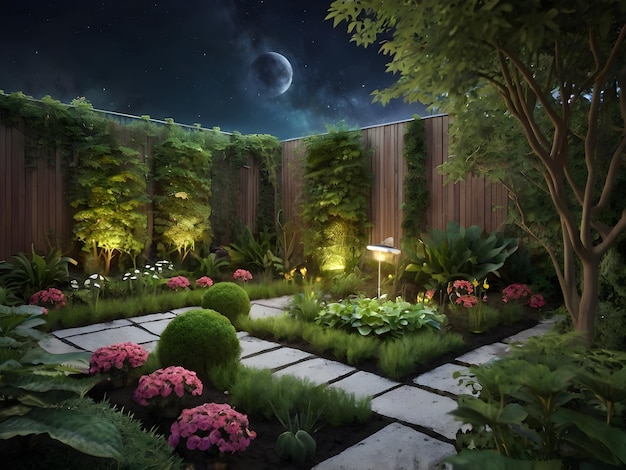 a garden with a full moon and a full moon