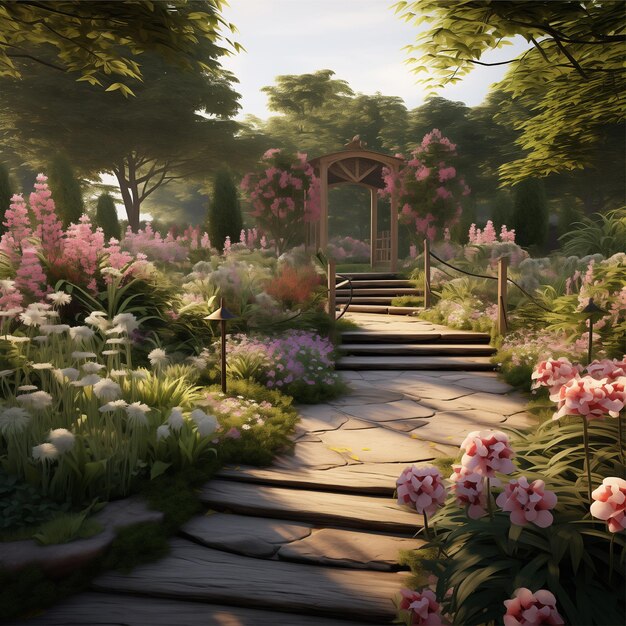 Garden with gazebo and flowers 3d render