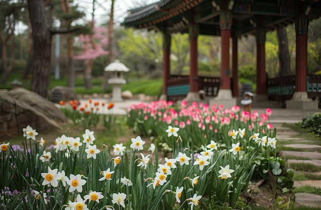 a garden with a gazebo and a gazebo in the background