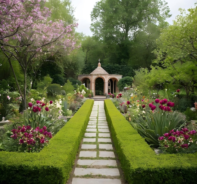 Photo a garden with a gazebo and a gazebo in the background