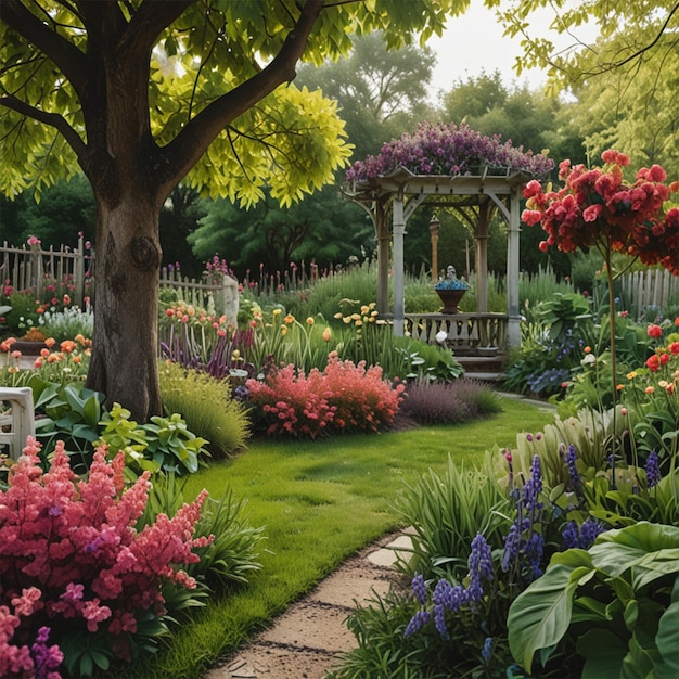 a garden with a gazebo and a gazebo in the middle