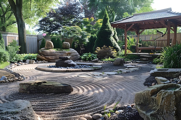 a garden with a gazebo and a gazebo with a fence in the background