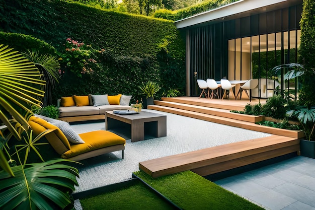 a garden with a green wall and a couch with yellow pillows