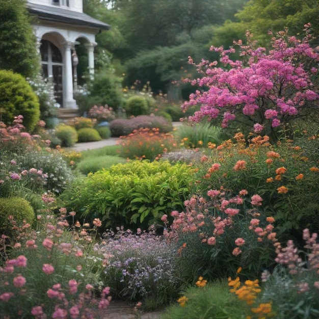 a garden with a house and flowers in the background