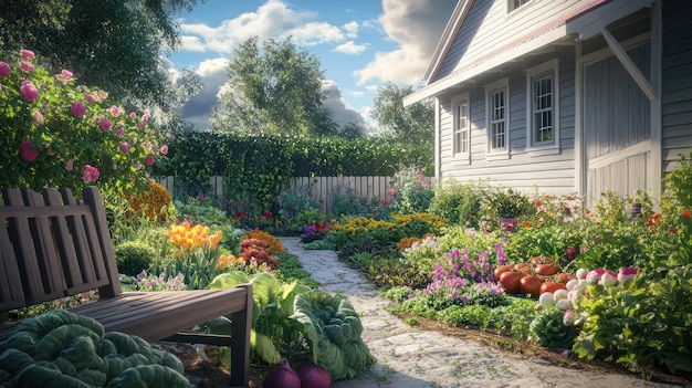 Photo a garden with a house and a garden with a house in the background