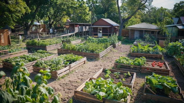 a garden with a house and a house in the background