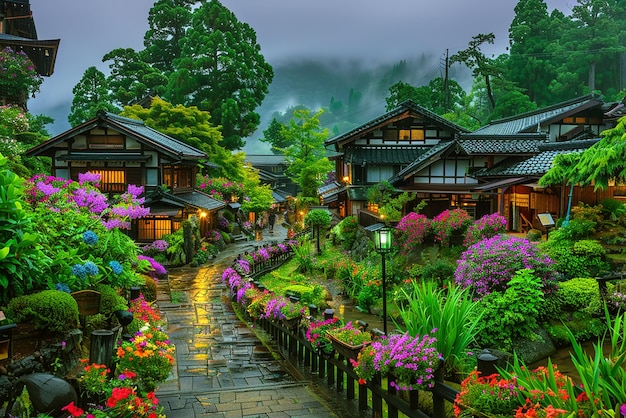 a garden with a house on the left and a street lamp in the background