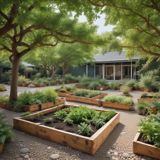 a garden with a house and trees in the background