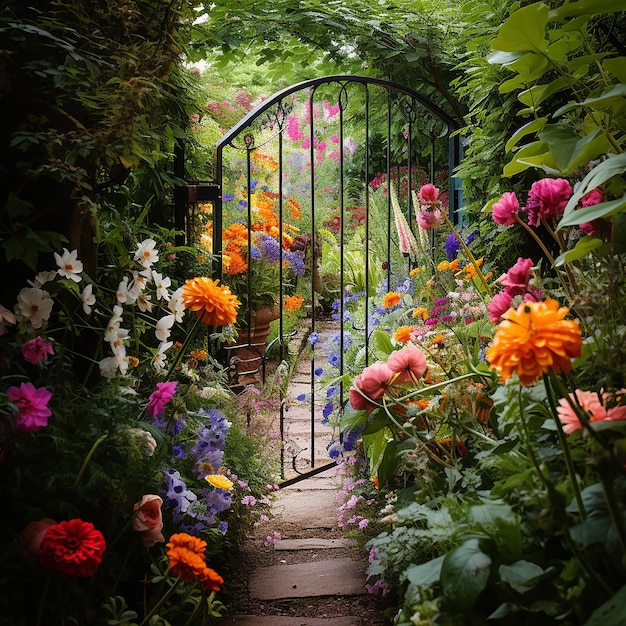 A garden with an iron gate filled with colorful flowers