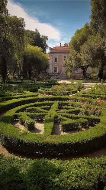 A garden with a large green hedge and a building in the background