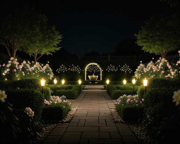 a garden with a lighted archway and a lighted archway with lights around it