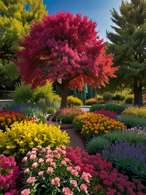 Photo a garden with a lot of flowers and trees