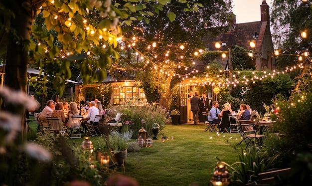 a garden with a lot of people sitting outside and one has a sign that says quot happy birthday quot