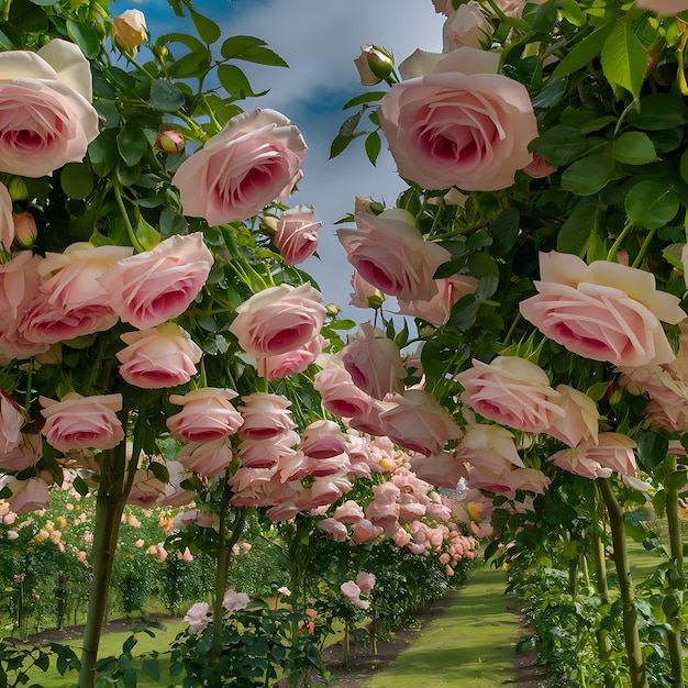 a garden with many roses on the bottom and a blue sky in the background