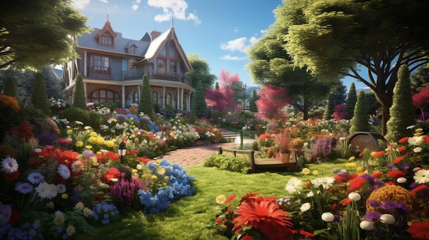 A garden with numerous colorful flowers and green and path Generative AI