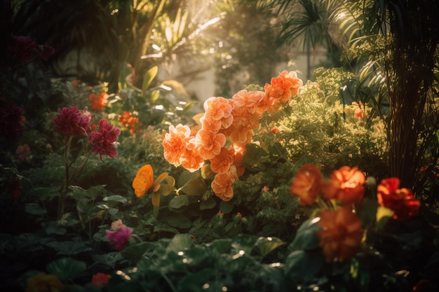 A garden with orange flowers in the sunlight