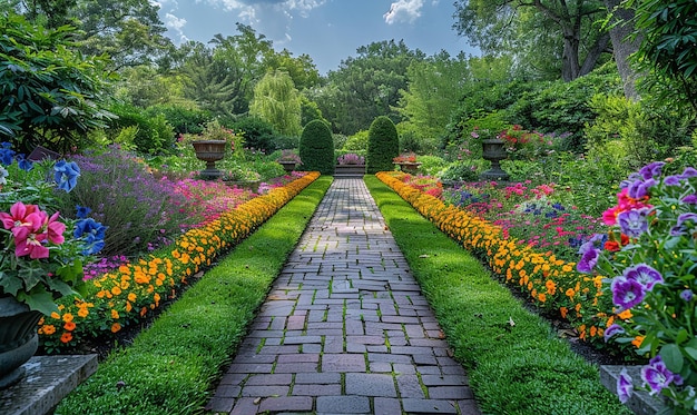 a garden with orange flowers and a walkway