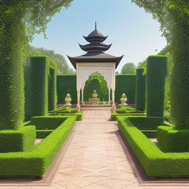 Photo a garden with a pagoda and a pagoda in the middle