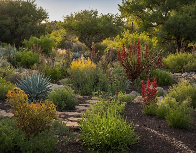 a garden with a path that has a path that leads to a path