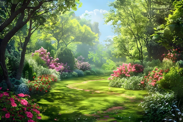 a garden with a path through the trees and flowers