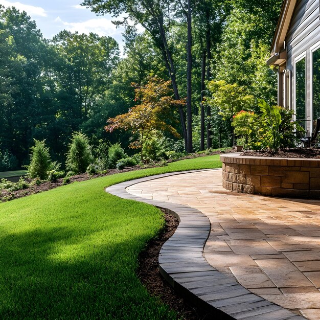 Photo a garden with a patio that has a water feature