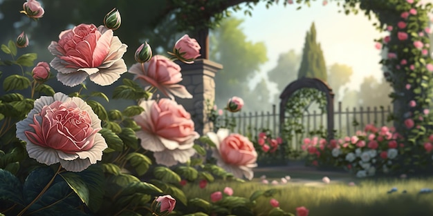 A garden with pink roses in the background