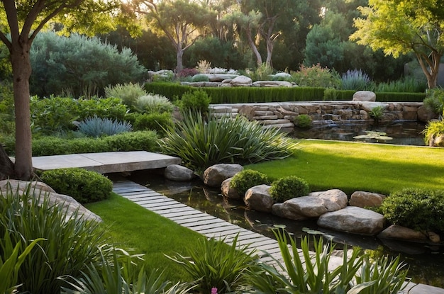 Photo a garden with a pond and a bridge and a pond with a stone path