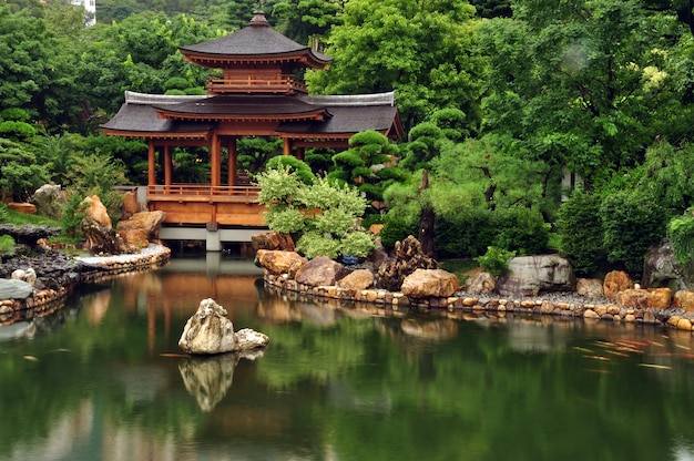 Garden with pond, House and rocks by lake water, zen landscape, Hong Kong.