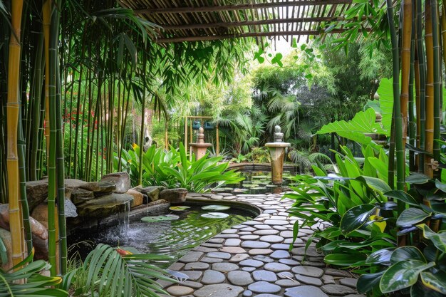 A garden with a pond surrounded by greenery