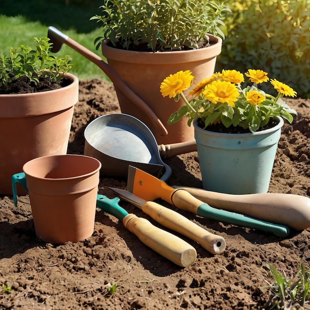 a garden with pots and pans and a pot with a plant in it