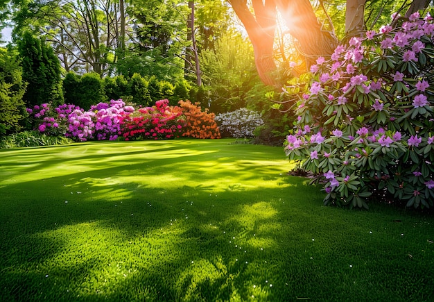 a garden with purple flowers and a bush with the sun shining through the trees