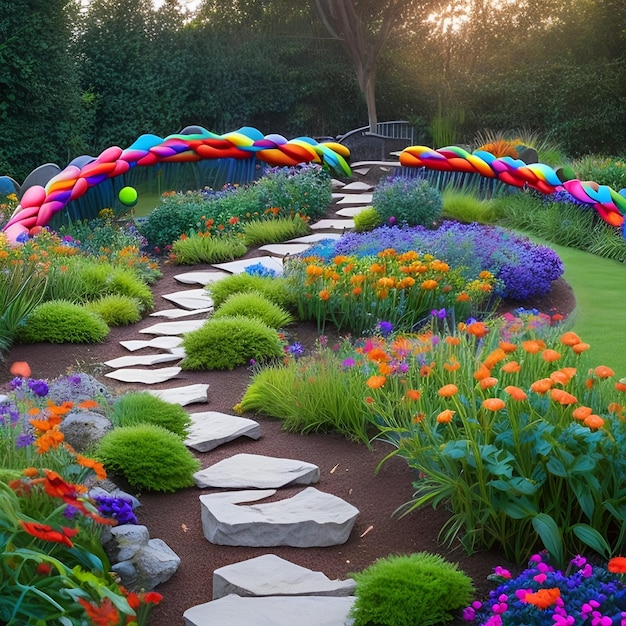 A garden with a rainbow and flowers on it