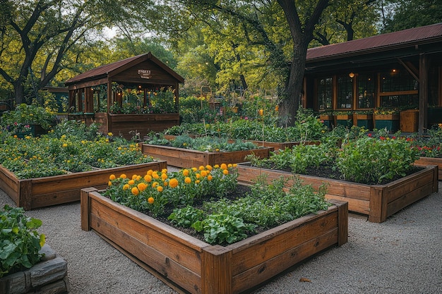 A garden with raised beds and wooden structures in a park