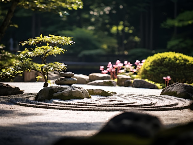 Photo a garden with rocks and a circle of flowers in the background