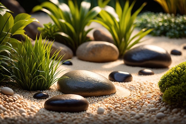 a garden with rocks and grass on the ground