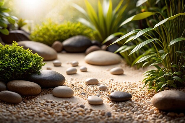 a garden with rocks and plants in the background