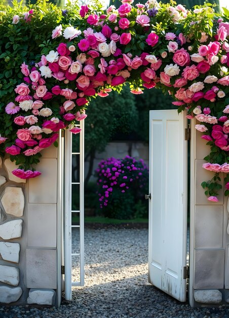 Photo a garden with roses and a door leading to a house