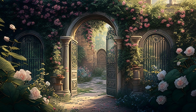 a garden with roses and a gate with a garden gate