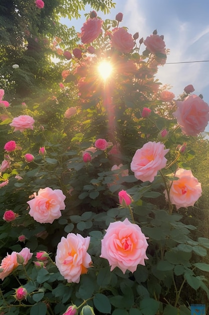 A garden with roses and the sun shining through the clouds