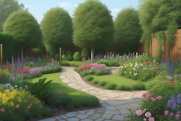 Garden with small trees and flowers