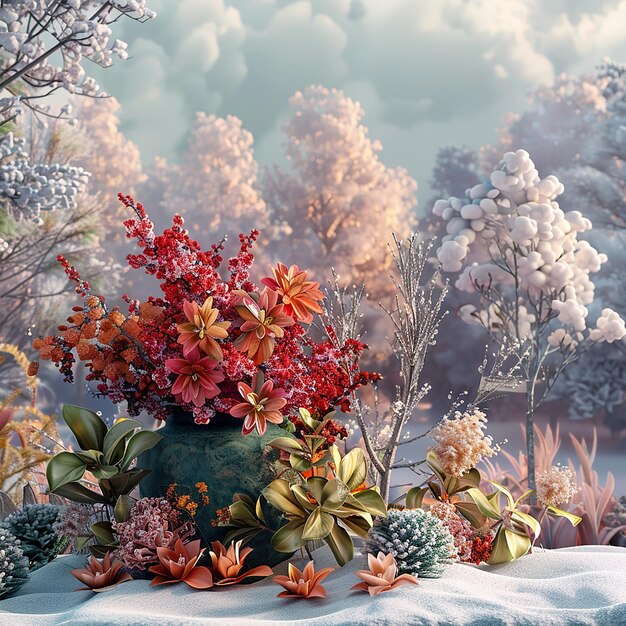 a garden with snow covered trees and a bridge in the background