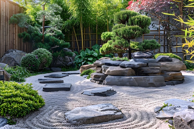 a garden with a stone fountain and a tree in the middle