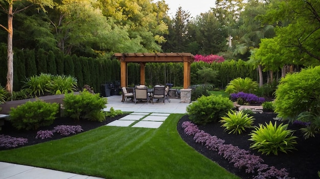 Photo a garden with a stone path green lawn and various plants and bushes